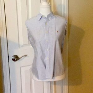 Women’s sleeveless blue pin strip blouse.